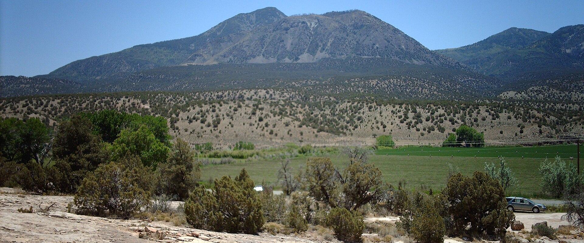 Sleeping Ute Mountain rising above the high desert near Cortez, seen from Canyons of the Ancients