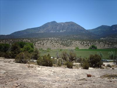 Sleeping Ute Mountain rising above the high desert near Cortez, seen from Canyons of the Ancients
