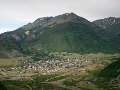 Silverton, Colorado, in its valley beneath the San Juan Mountains, seen from US 550