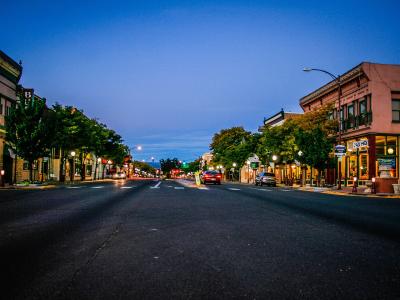 Main Street in downtown Montrose, Colorado, at dusk
