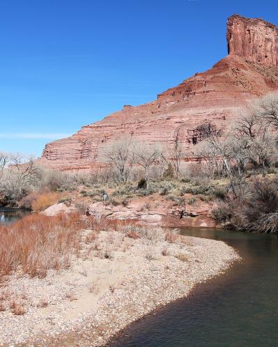 The Palisade rising above the Dolores River near Gateway, Colorado