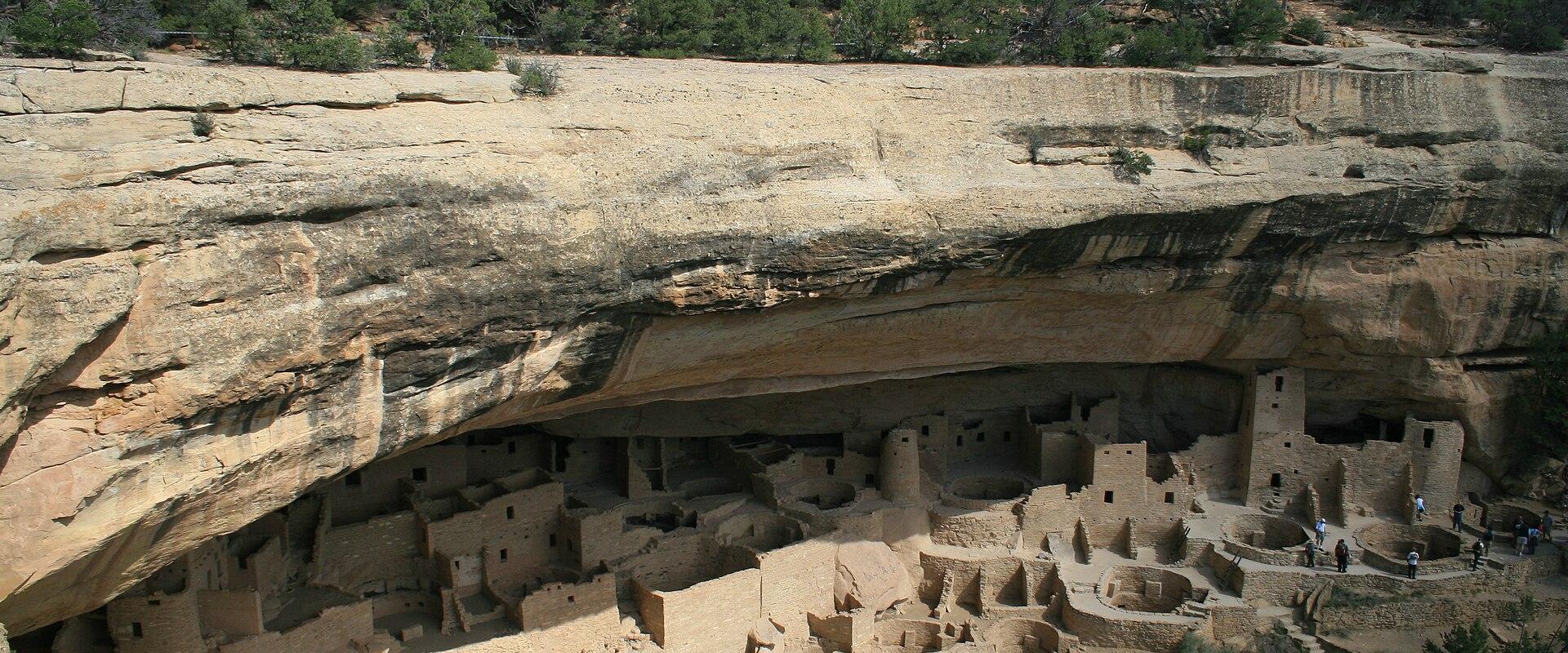 Cliff Palace, the largest cliff dwelling in Mesa Verde National Park, beneath its sandstone alcove