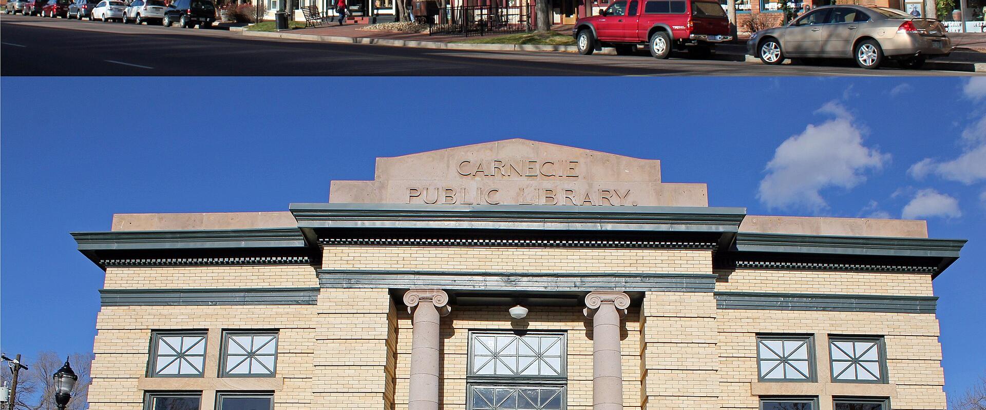 A composite image showing a street view of historic commercial buildings with bare trees and parked cars, and a close-up of a beige brick building with "CARNEGIE PUBLIC LIBRARY" carved into the pediment and a sign reading "Colorado City Branch Librar