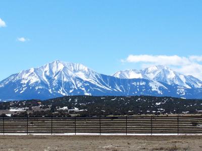 The snow-capped Spanish Peaks rising above the plains of southeastern Colorado