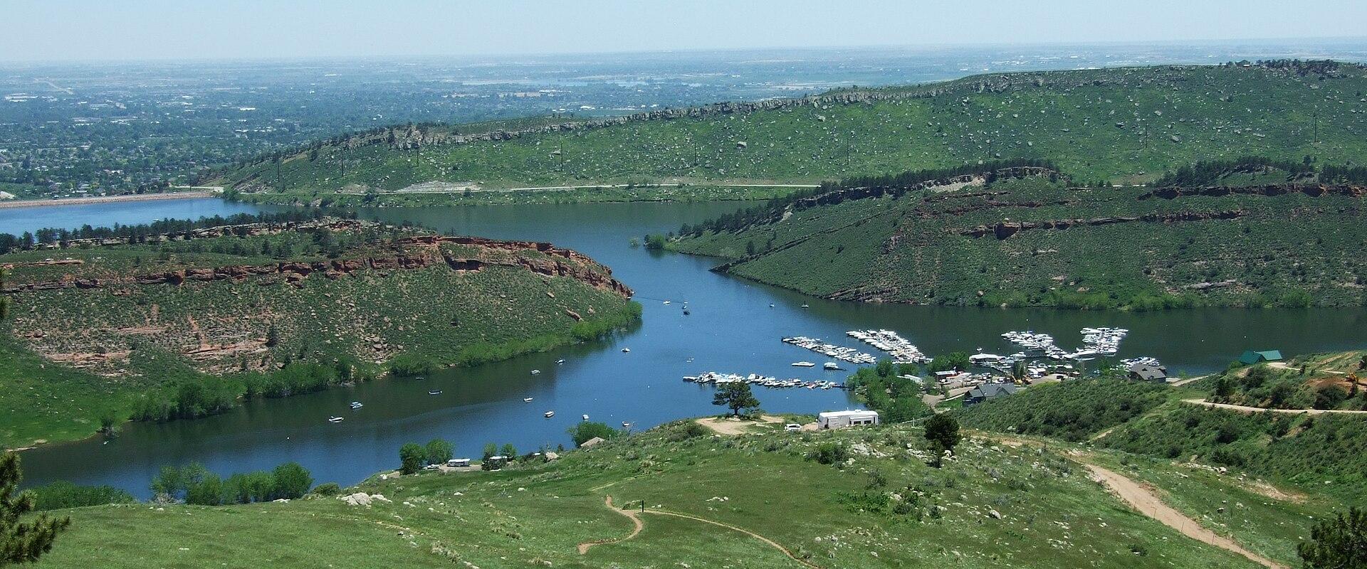Horsetooth Reservoir among green foothills west of Fort Collins, Northern Colorado