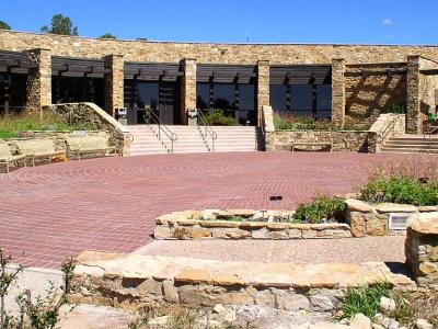 Stone-walled exterior and plaza of the Anasazi Heritage Center near Dolores, Colorado
