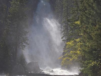 A high-volume waterfall cascading down a rocky cliff face into a turbulent river below, surrounded by dense coniferous forest and featuring a small wooden footbridge crossing the rapids in the foreground.