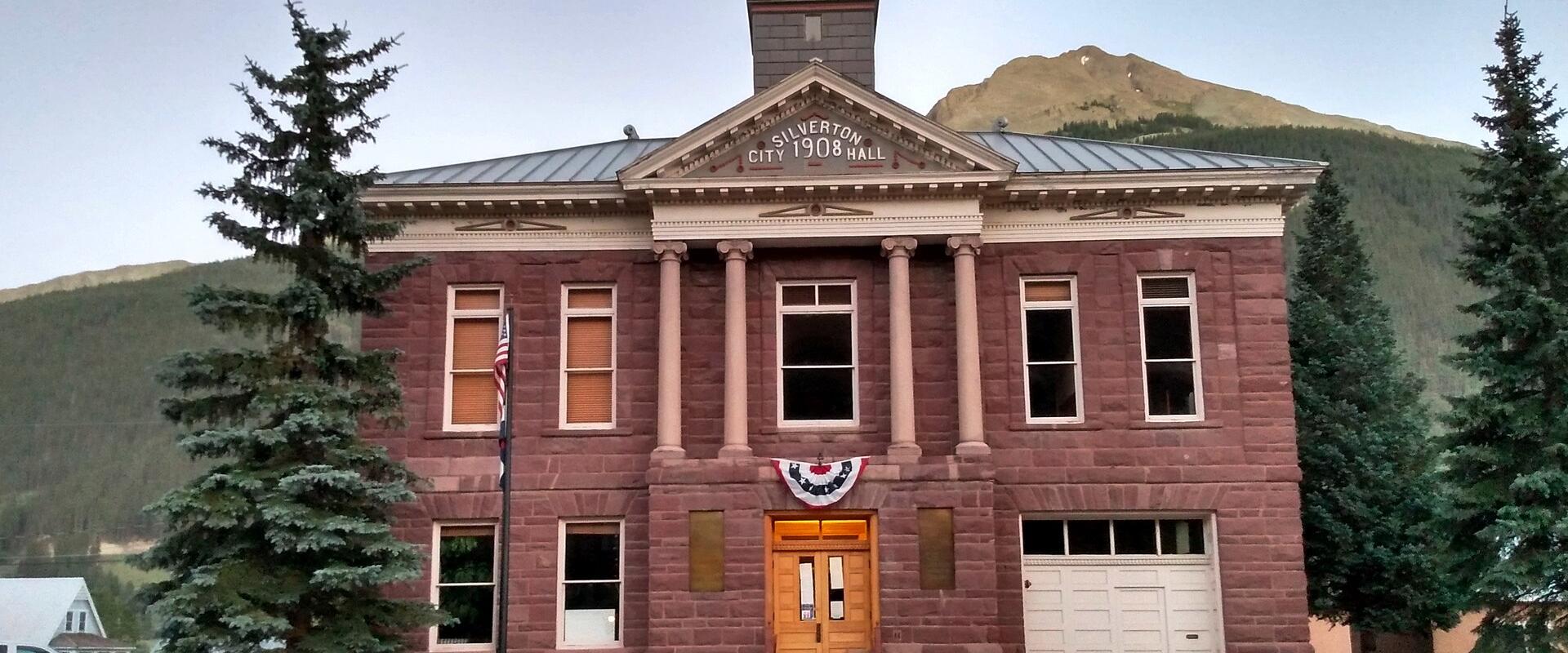 Silverton's red-brick City Hall with its bell tower on Greene Street