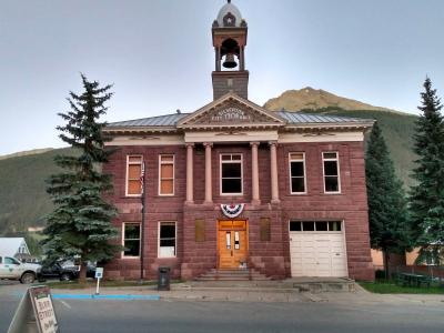 Silverton's red-brick City Hall with its bell tower on Greene Street