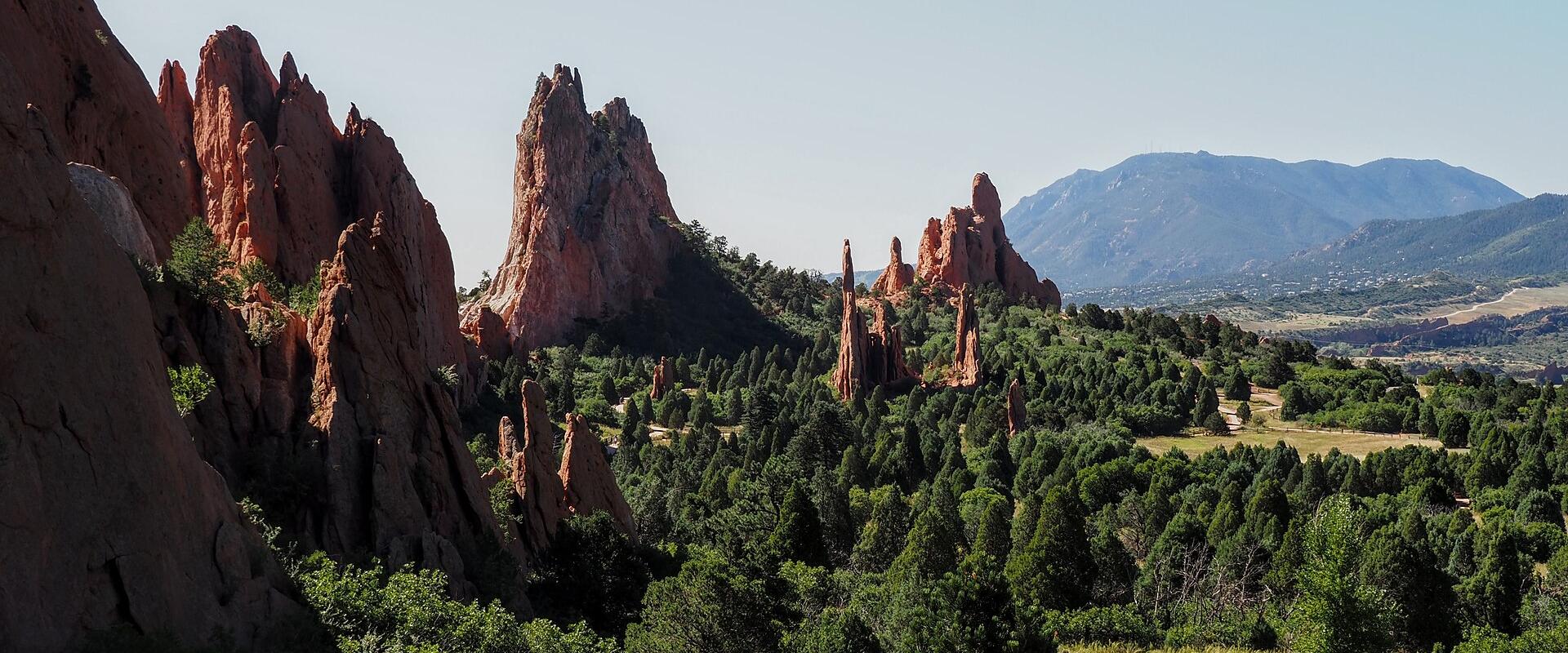 Sandstone fins of Garden of the Gods with Pikes Peak behind